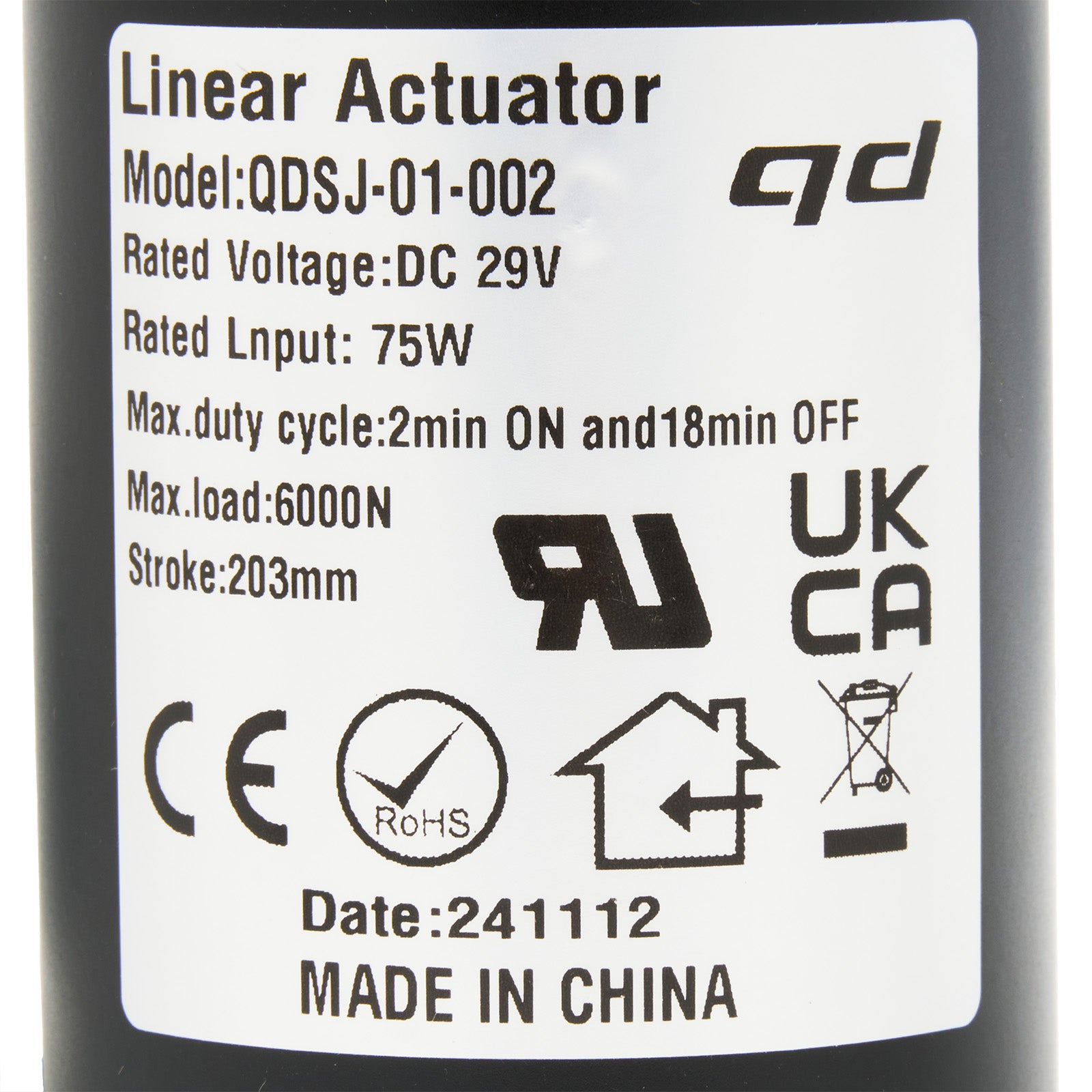 Label on a linear actuator with technical specifications and certification logos.