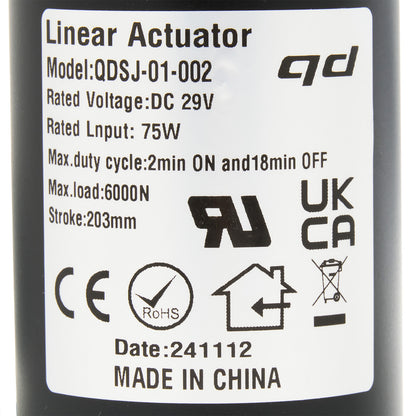 Label on a linear actuator with technical specifications and certification logos.