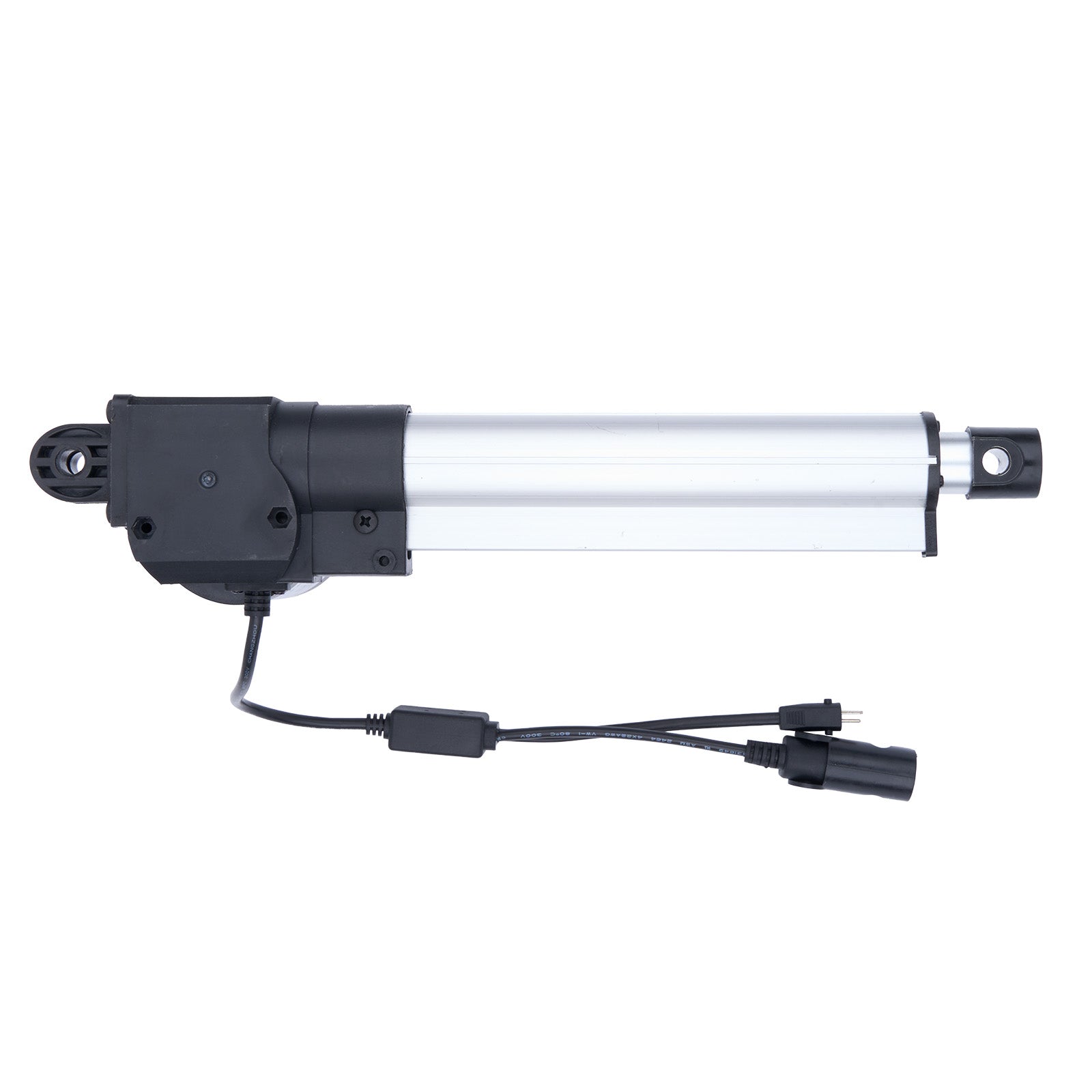 Linear actuator with clear cylindrical body and black housing on a white background