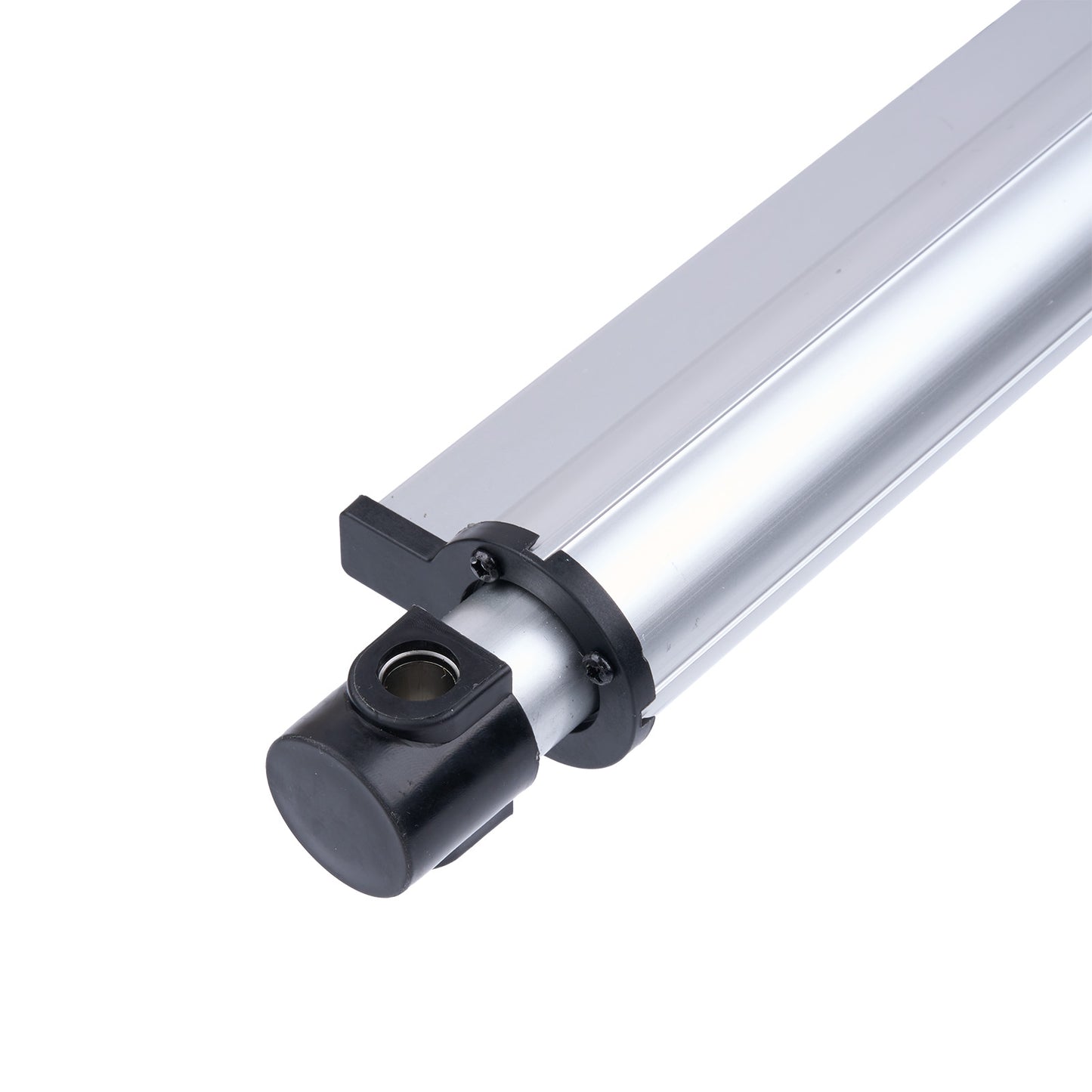 Metallic cylindrical component with black fitting on a white background