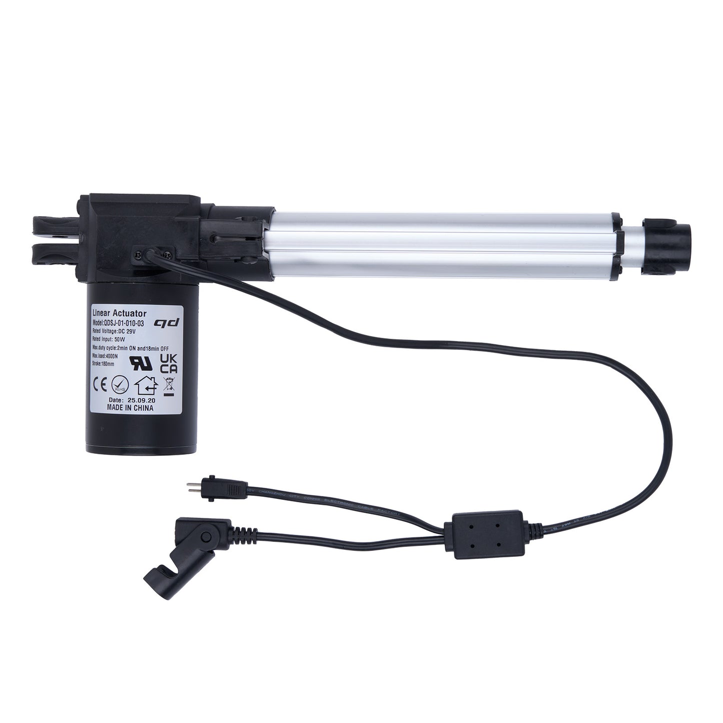 Linear actuator with wiring on a white background