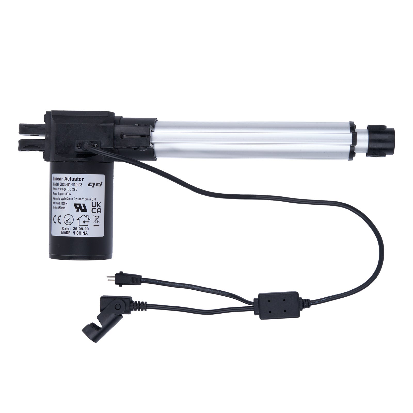 Linear actuator with wiring on a white background