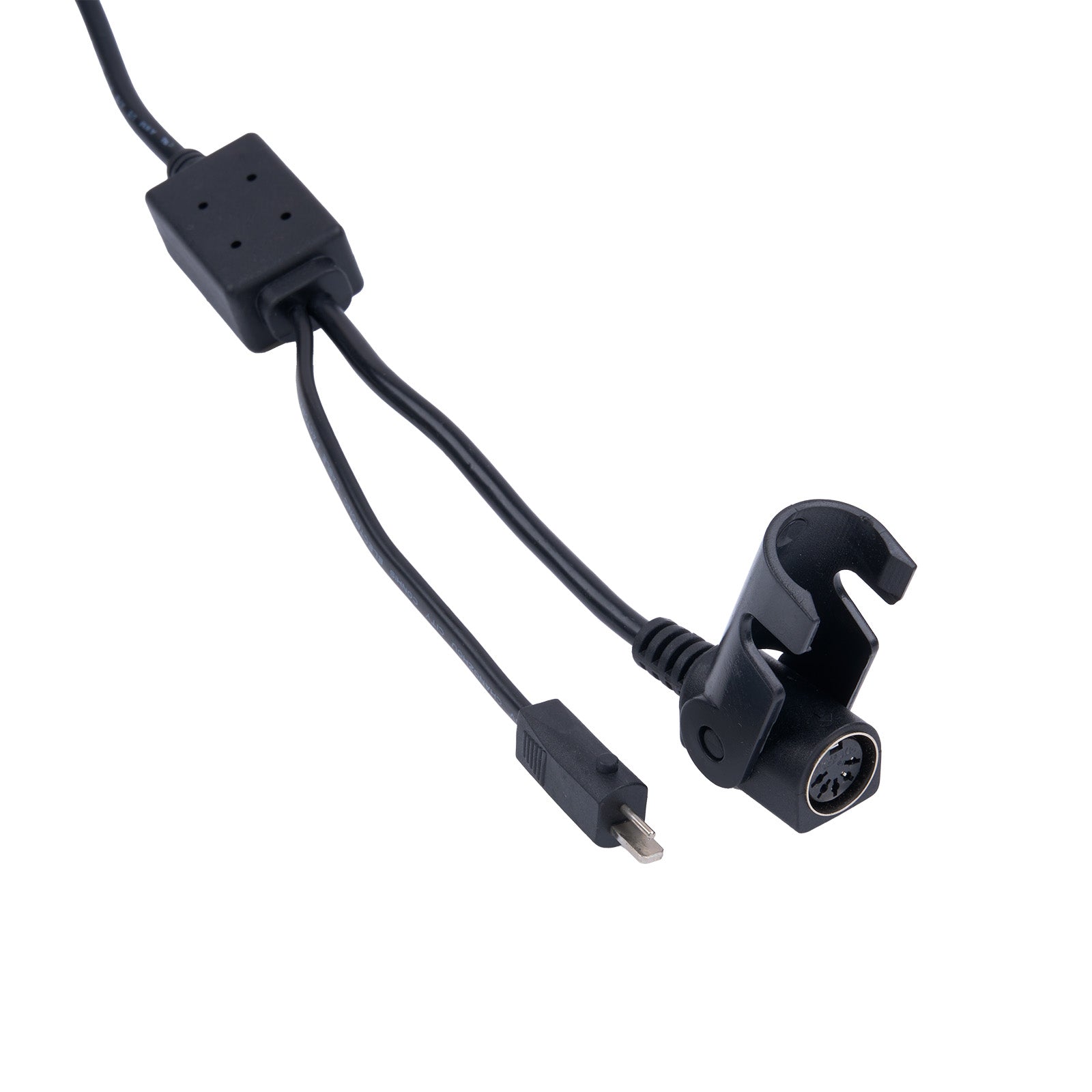 Black cable with connectors on a white background