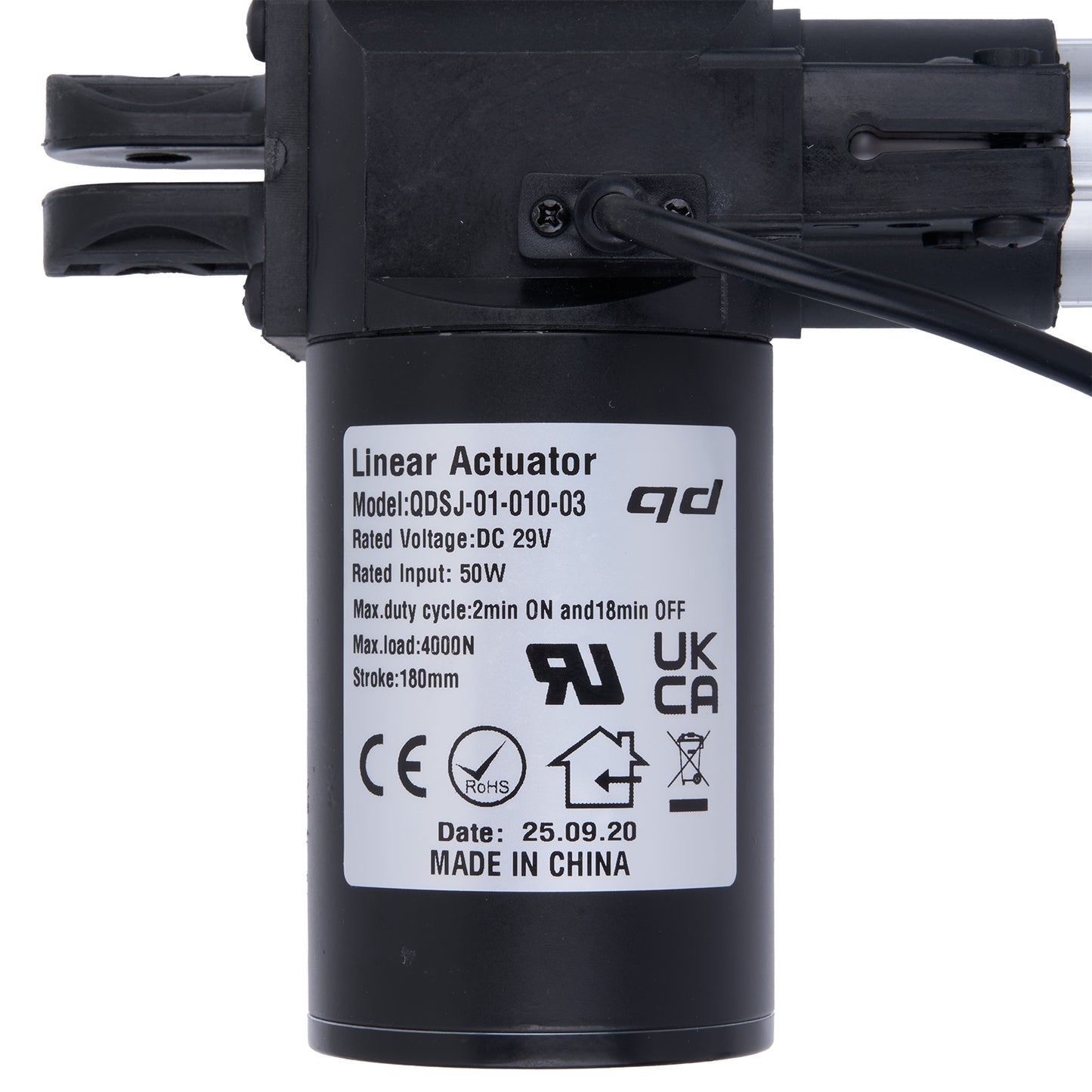 Black linear actuator with label on a white background