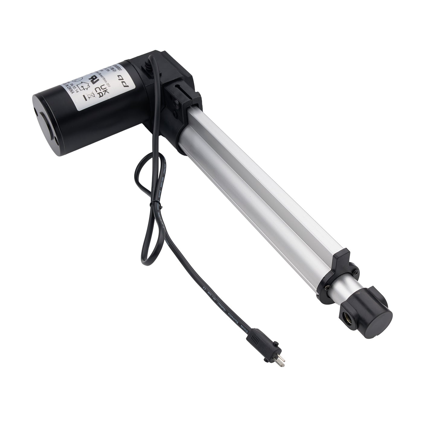 Electric linear actuator with black and silver design on a white background