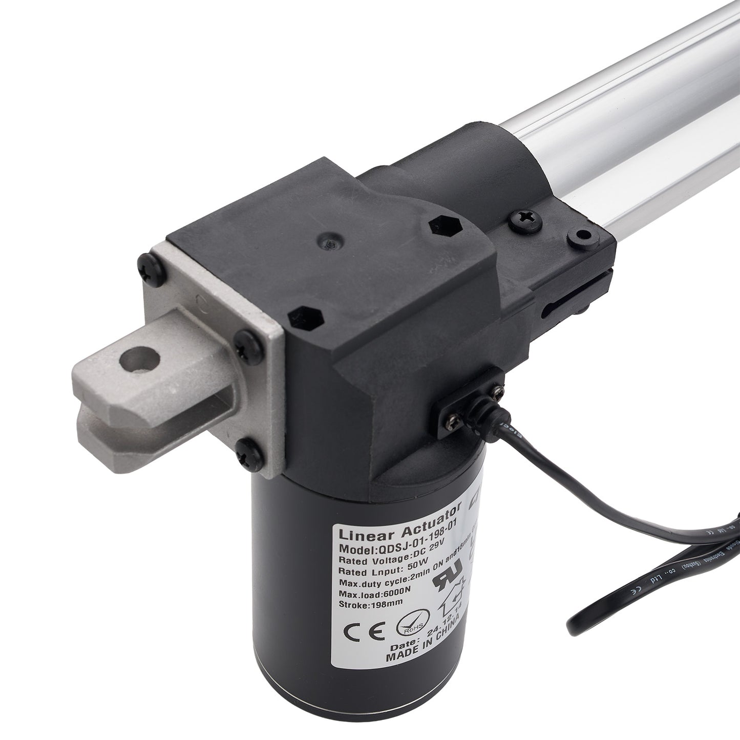 Linear actuator with black housing and visible branding on a white background