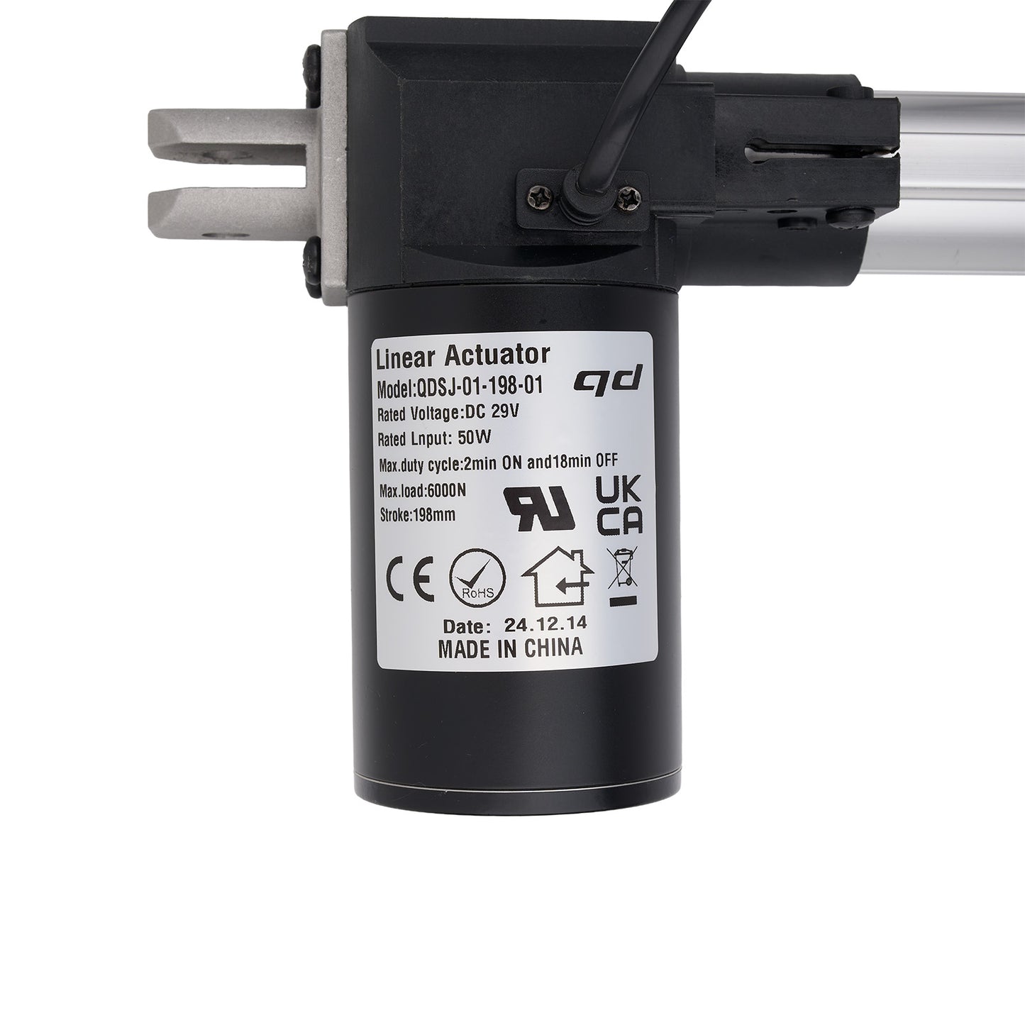 Linear actuator with visible branding and specifications on a white background