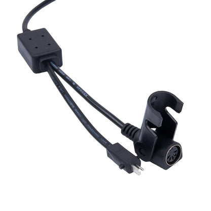 Black audio cable with connectors on a white background
