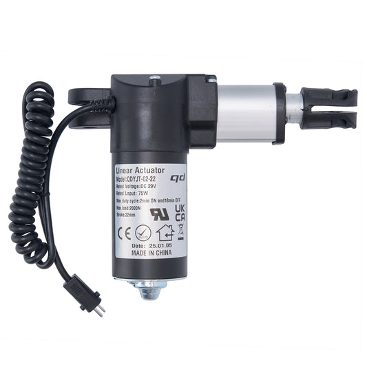A black and silver QDYJT-02-22 linear actuator with a coiled cable and plug, designed for use in recliner or lift chairs.