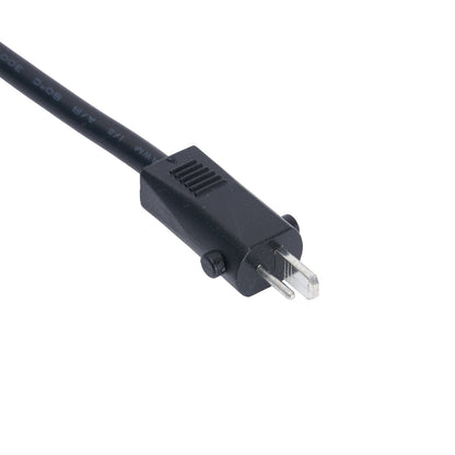 Black power cord plug on a white background