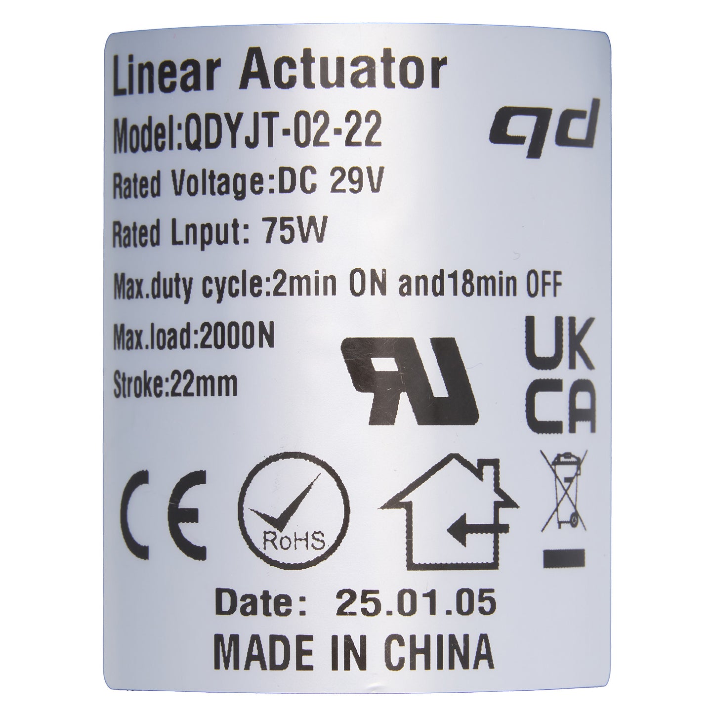 Technical specifications label for a linear actuator on a white background.