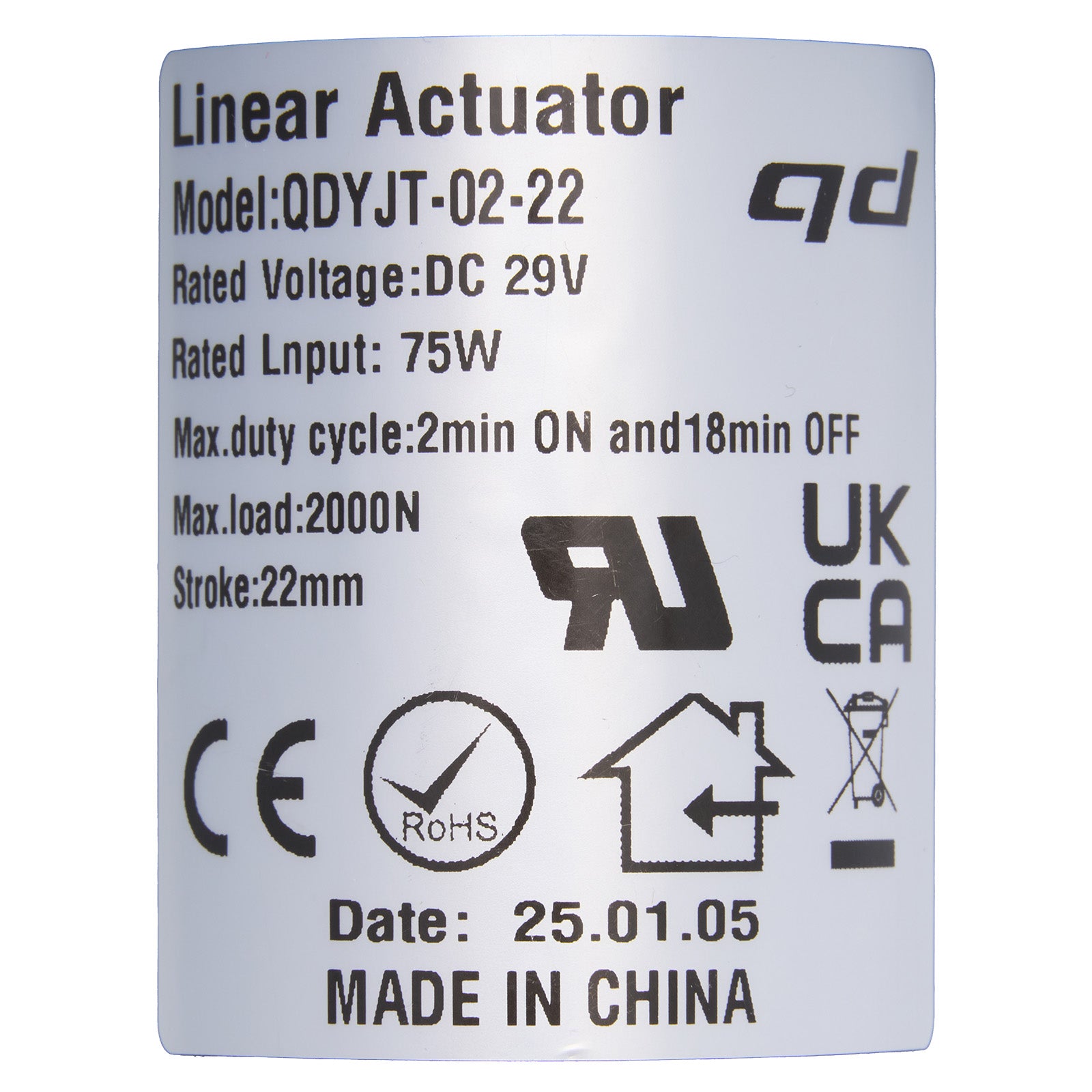 Technical specifications label for a linear actuator on a white background.
