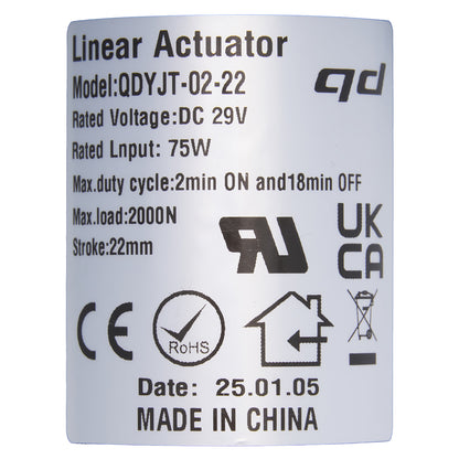 Technical specifications label for a linear actuator on a white background.