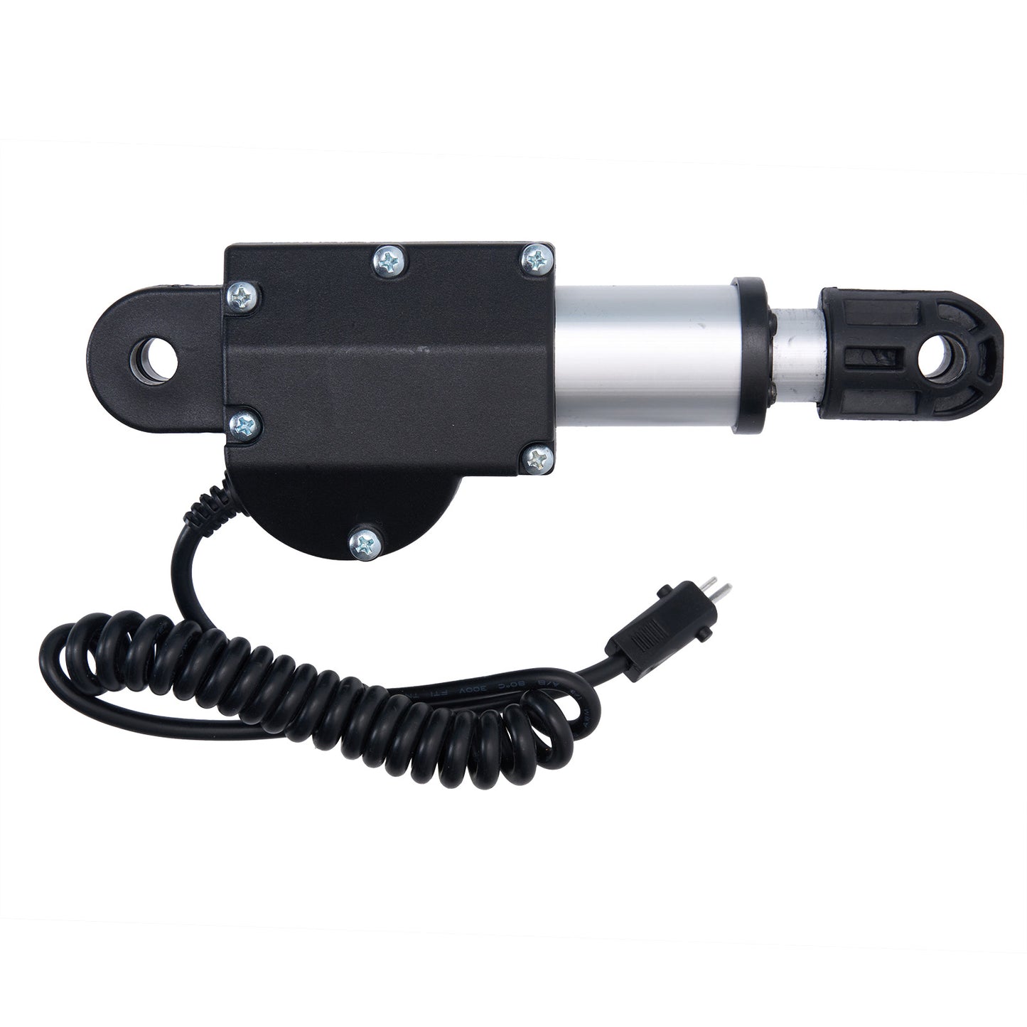 Mechanical component with black and silver casing and coiled cable on white background