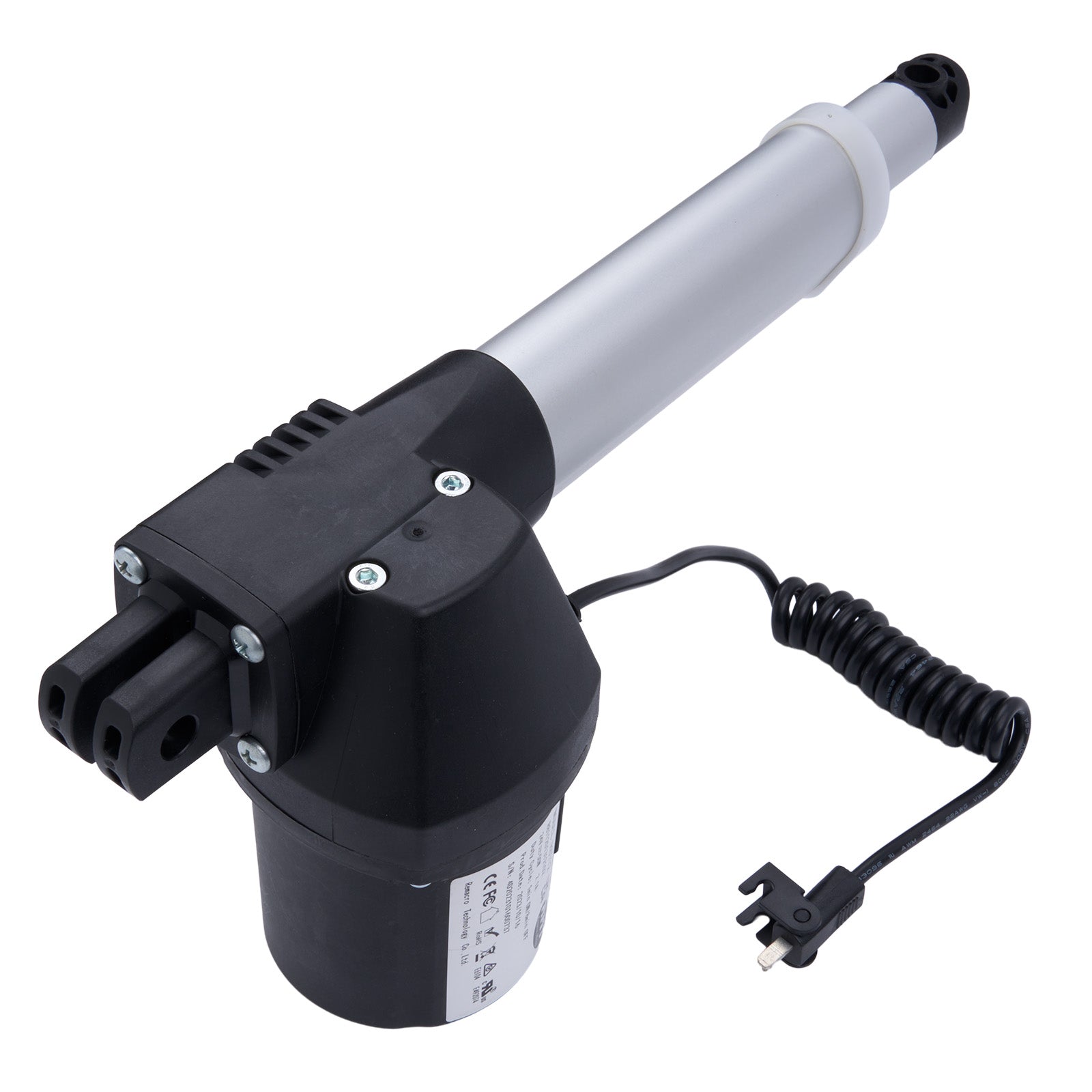 Electric actuator with a black and silver design on a white background