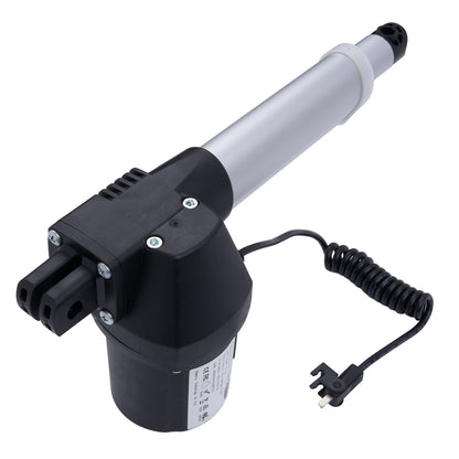 Electric actuator with a black and silver design on a white background