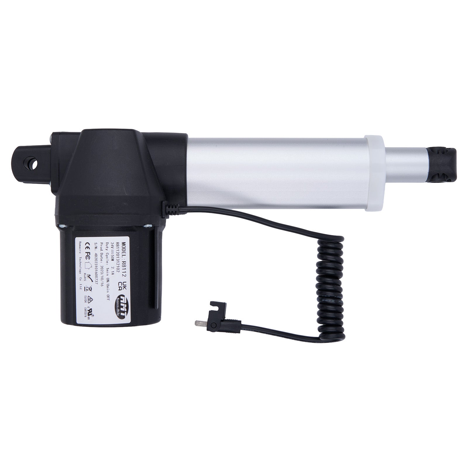 Electric actuator with black and white design on a white background