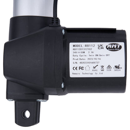 Black electronic component with a label on a white background