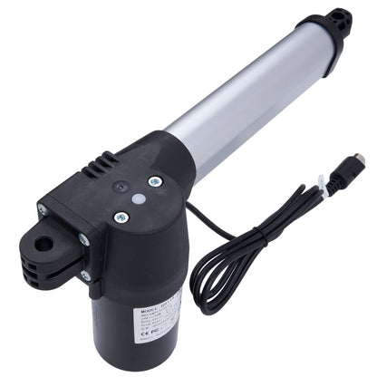 Electric linear actuator with black and silver design on a white background