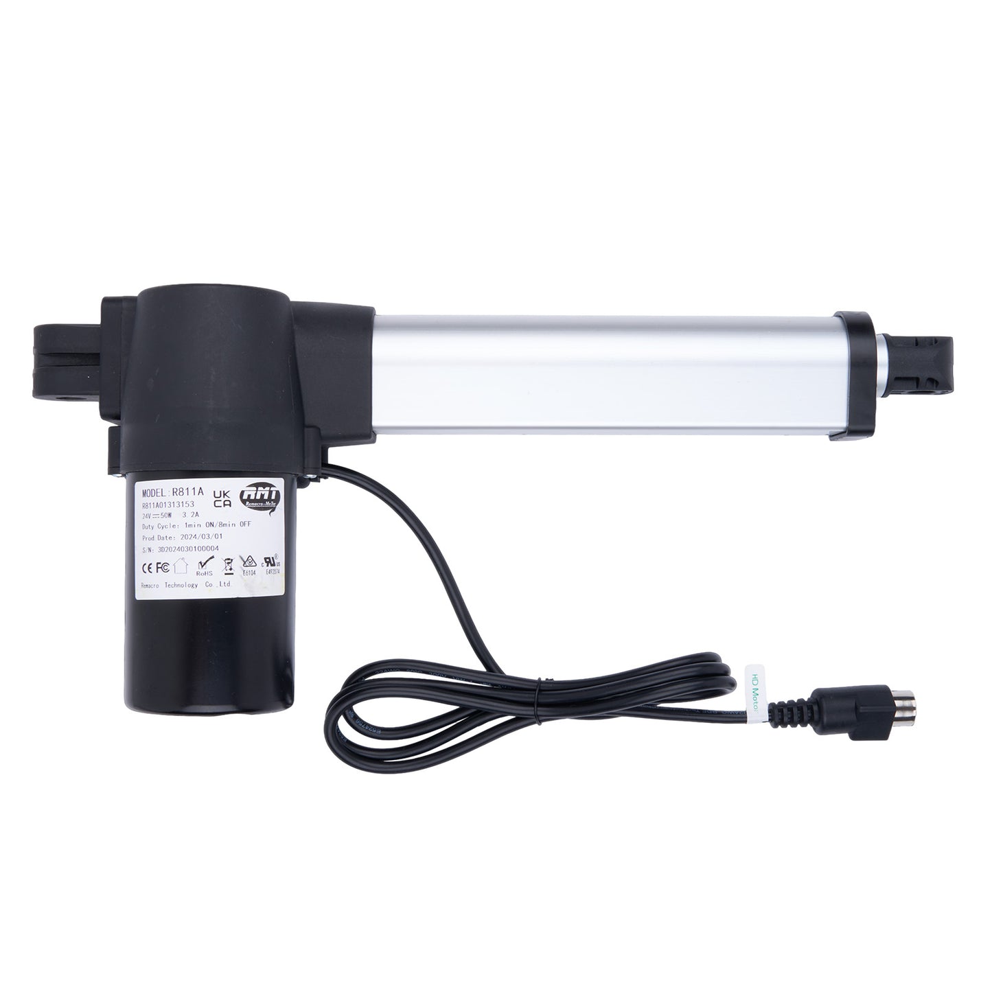 Electric linear actuator with cable on a white background