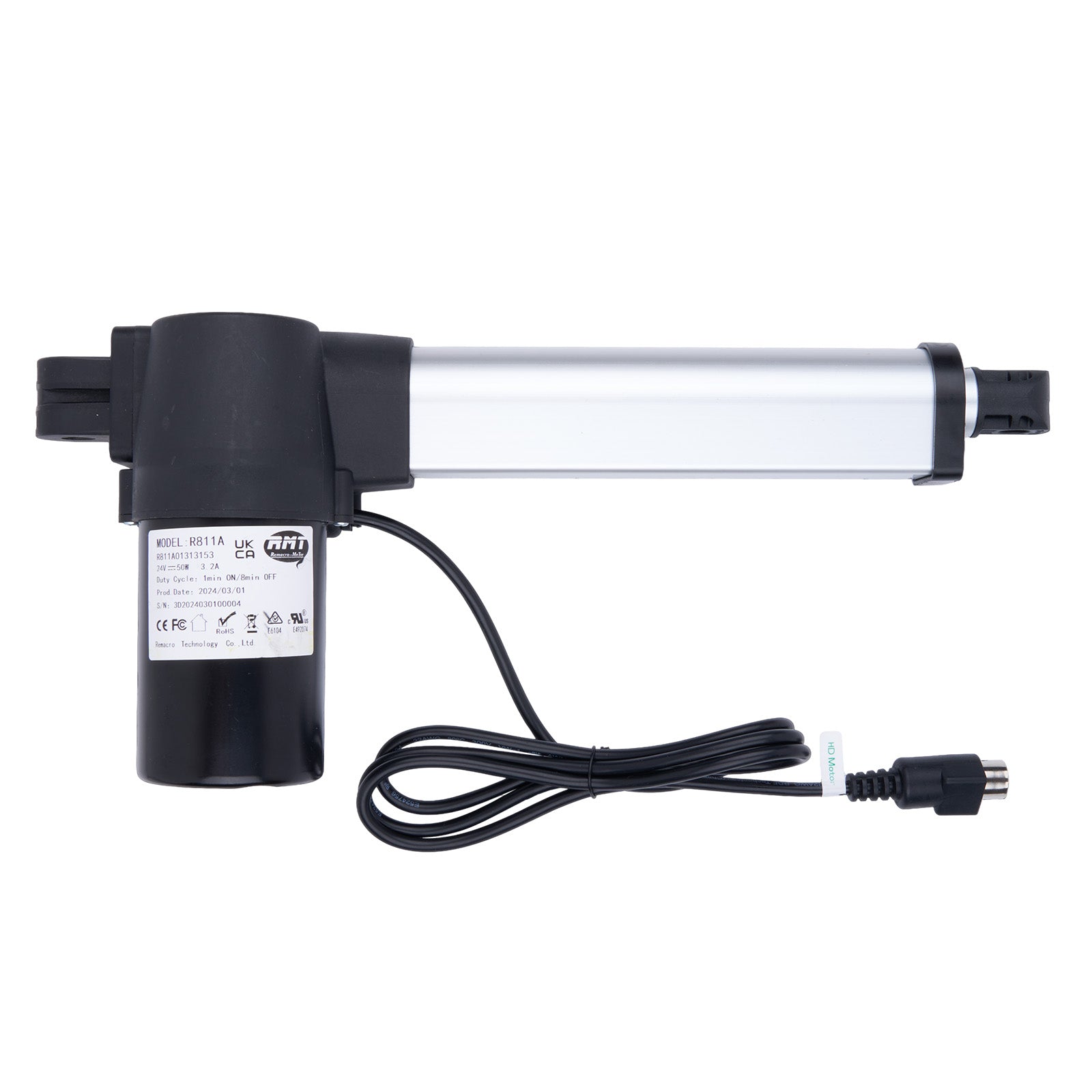 Electric linear actuator with cable on a white background