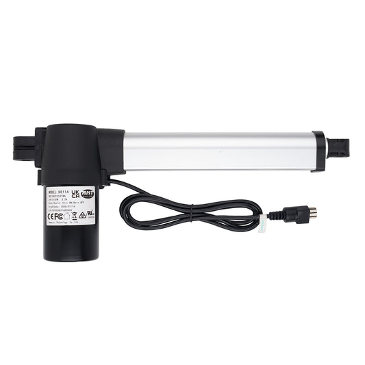 Electric linear actuator with cable and plug on a white background