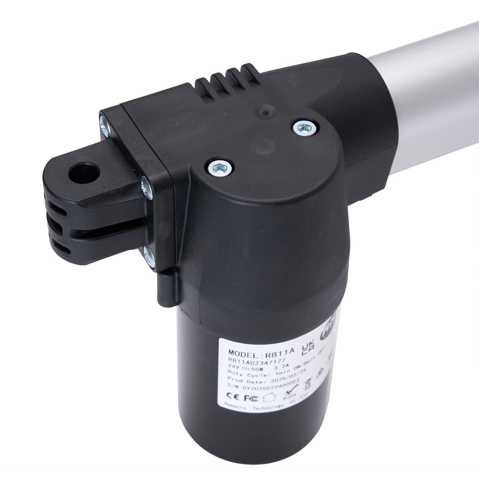 Black cylindrical motor with metallic extension on a white background