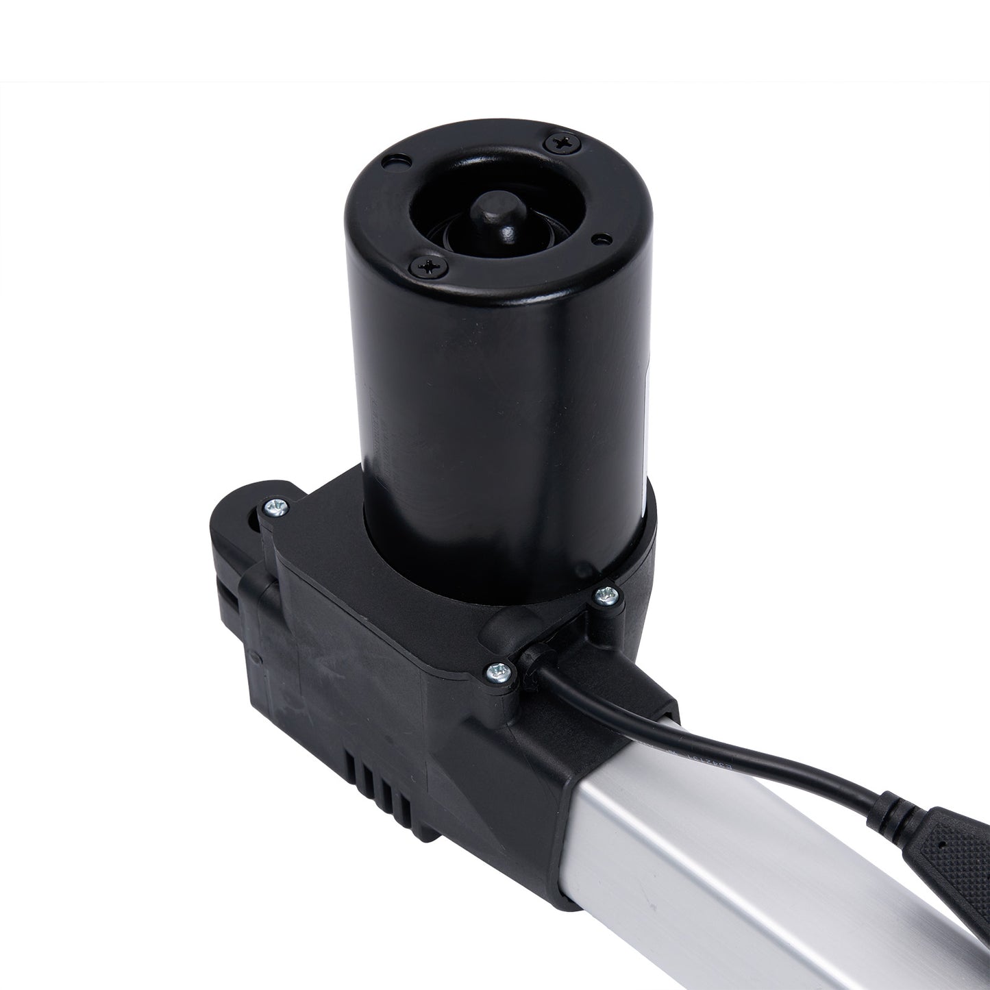 Black cylindrical component attached to a metallic arm with a white background.