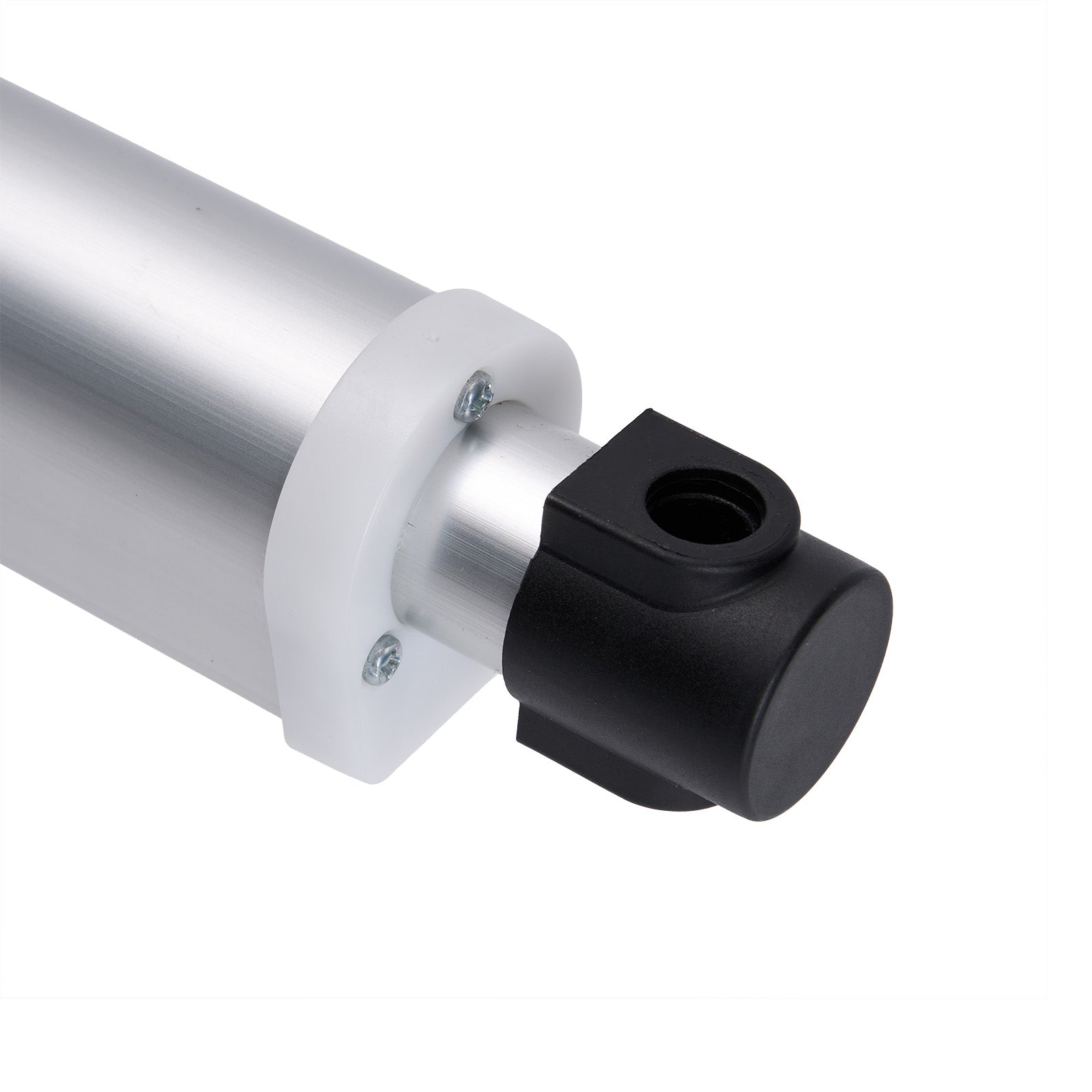 Metallic cylindrical component with white ring and black end on white background