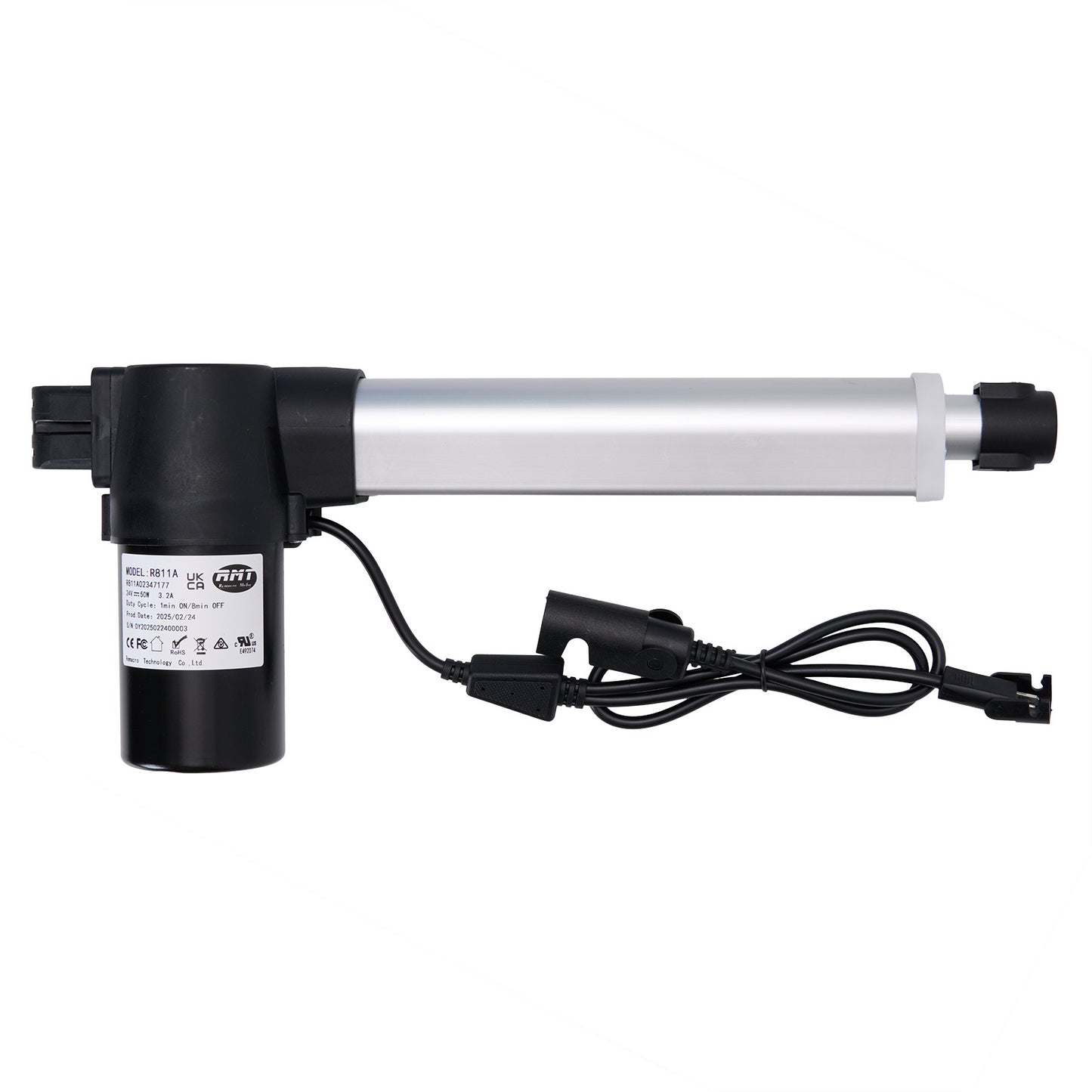 A RMT brand linear actuator with a black motor housing and a silver tubular shaft, equipped with two cables and plugs.