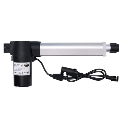A RMT brand linear actuator with a black motor housing and a silver tubular shaft, equipped with two cables and plugs.