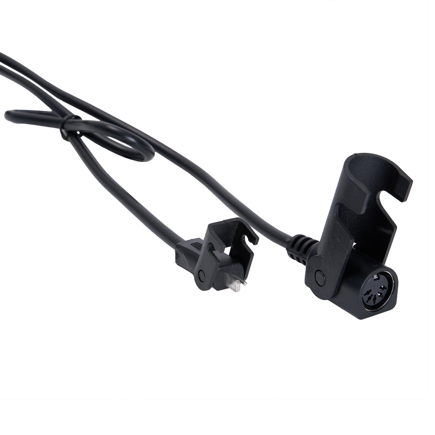 Black cable with connectors on a white background