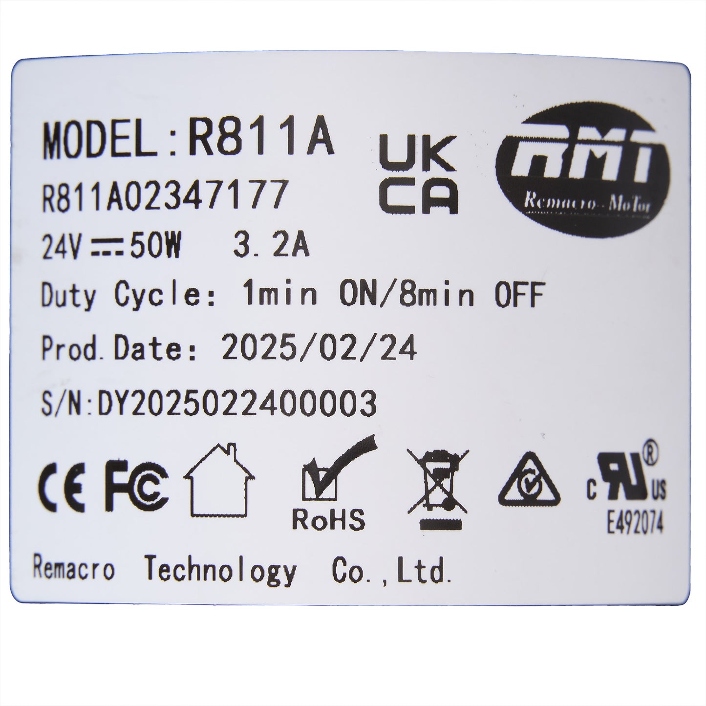 Product label with technical specifications and logos on a white background