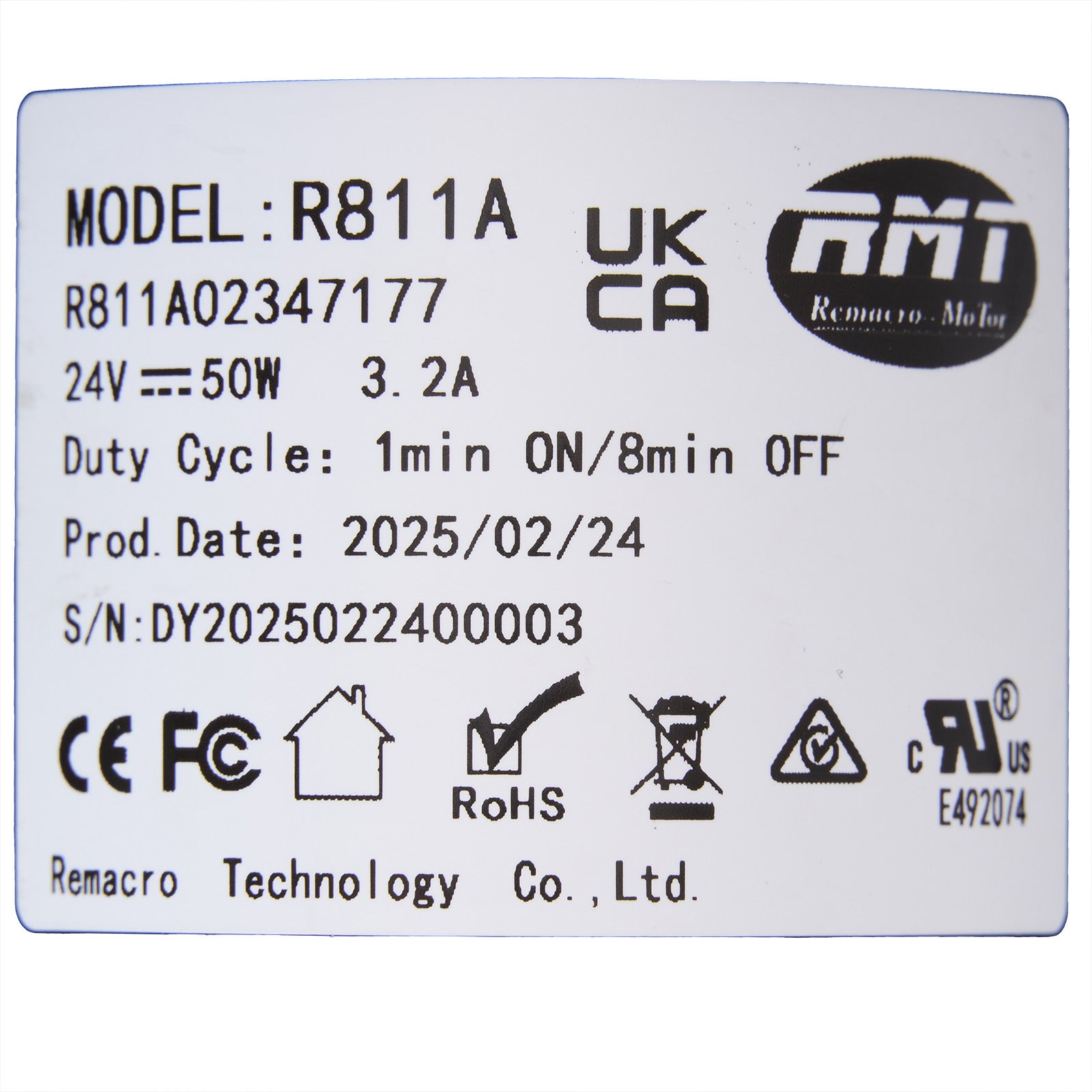 Product label with technical specifications and logos on a white background