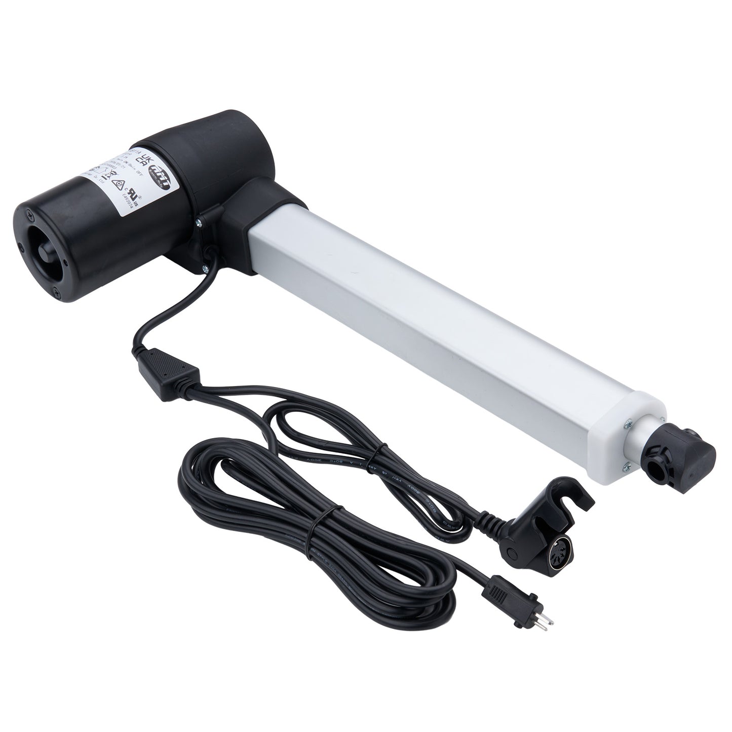 Electric actuator with cable and plug on a white background