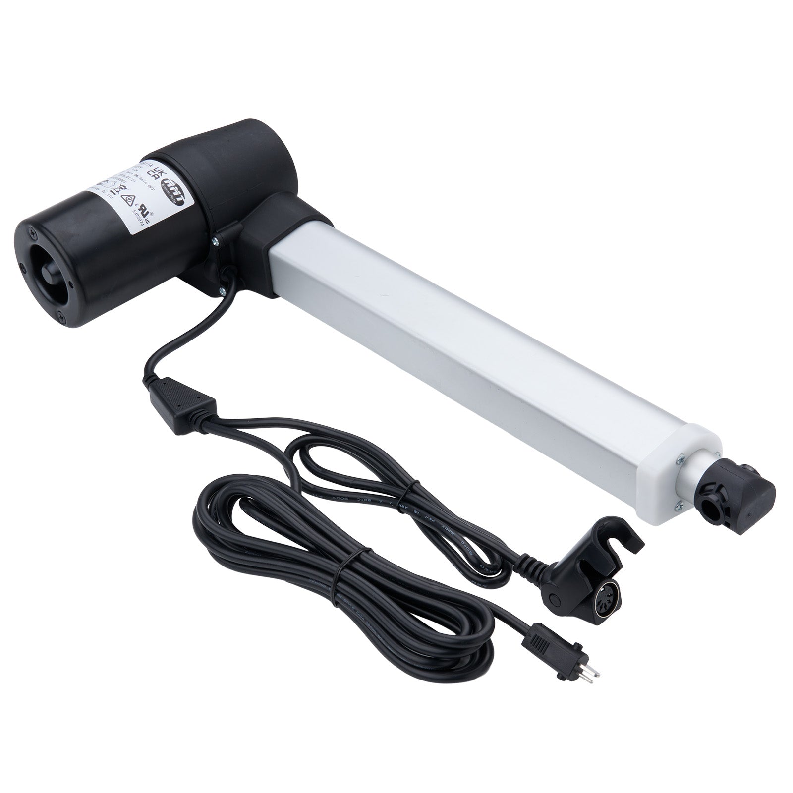 Electric actuator with cable and plug on a white background