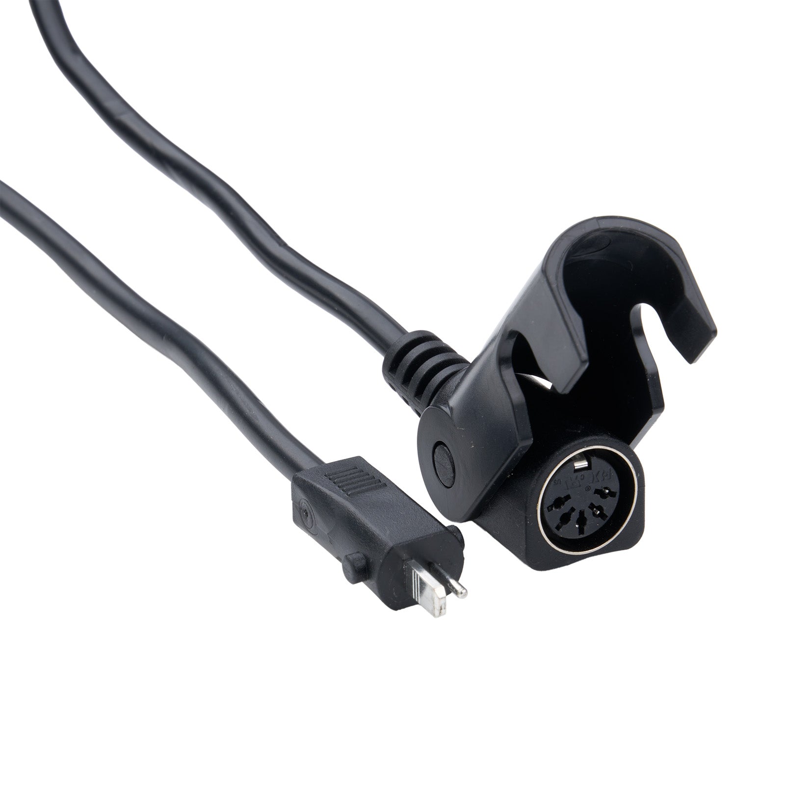 Black audio cable with plug and connector on a white background