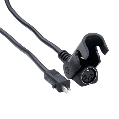 Black audio cable with plug and connector on a white background