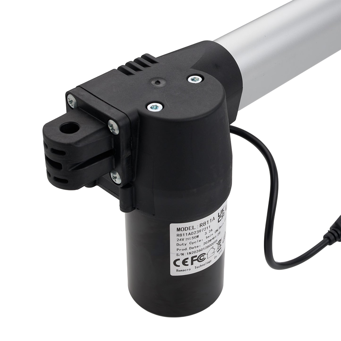 Black electric actuator with visible branding on a white background