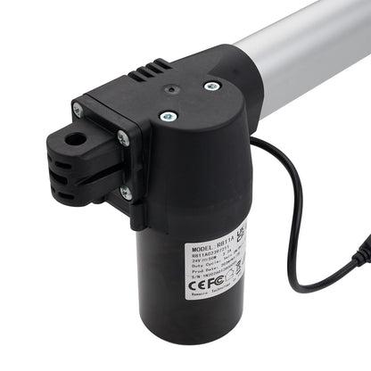 Black electric actuator with visible branding on a white background