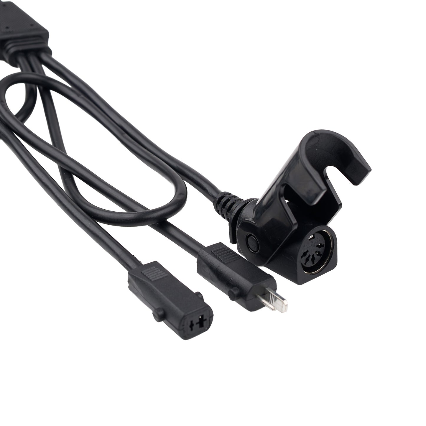 Black audio cable with various connectors on a white background