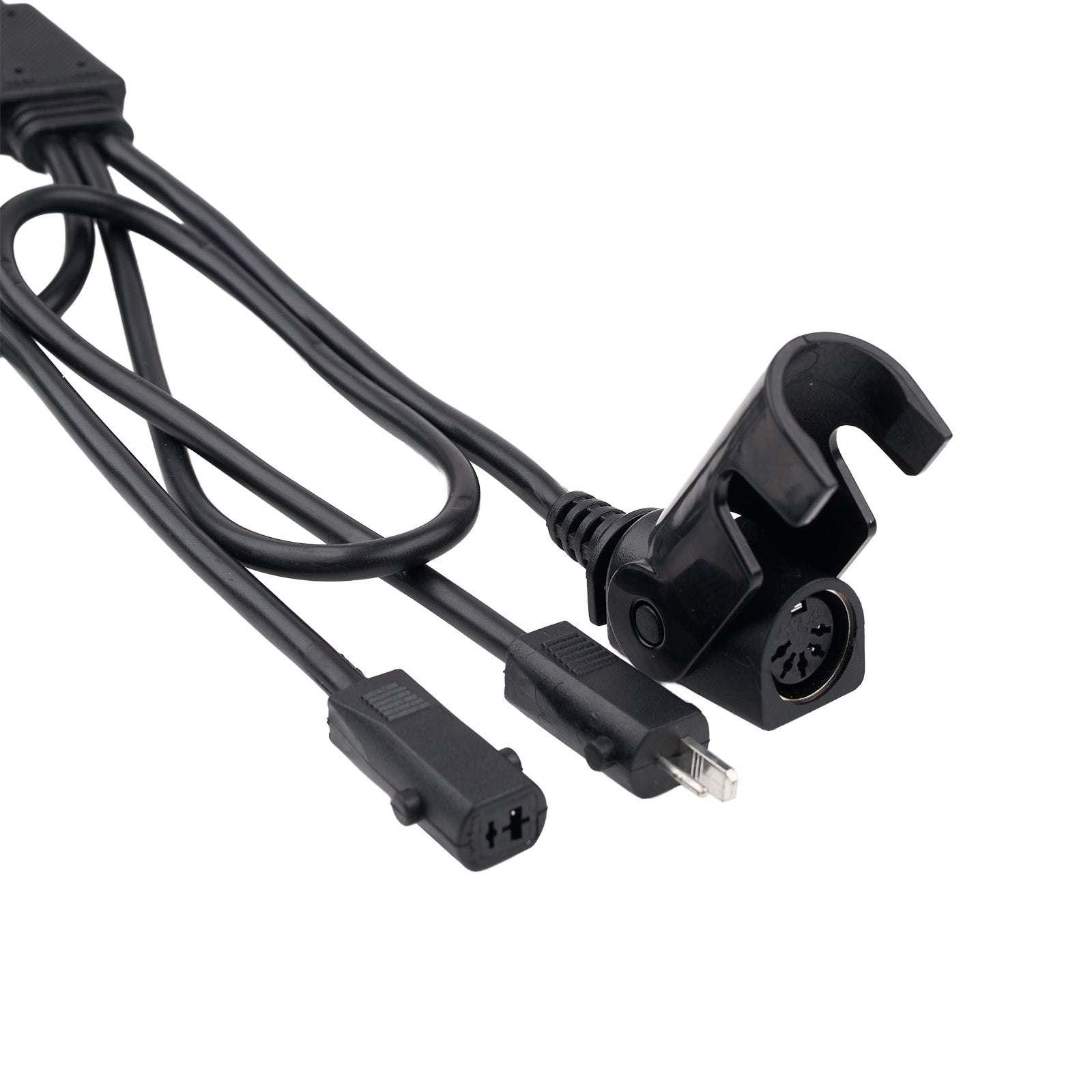 Black audio cable with various connectors on a white background