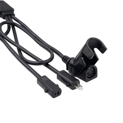 Black audio cable with various connectors on a white background