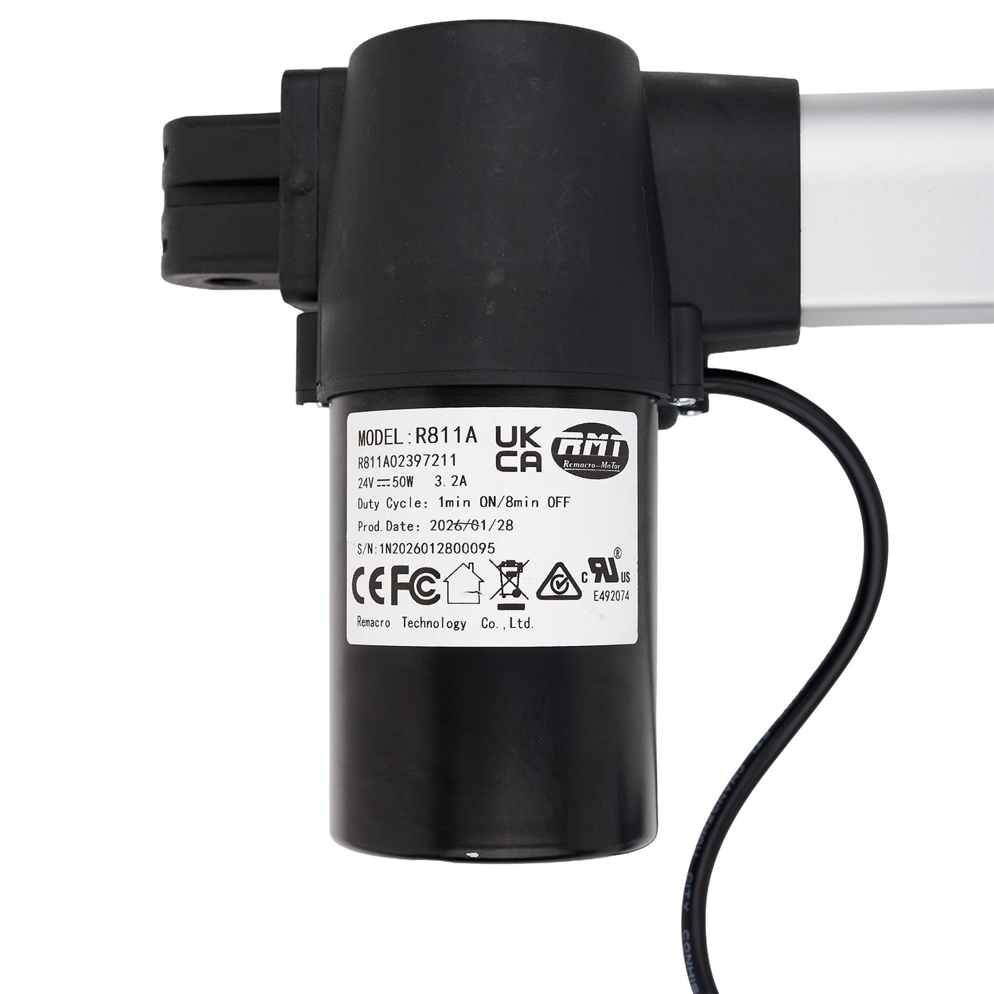 Black actuator with visible branding and certification labels on a white background