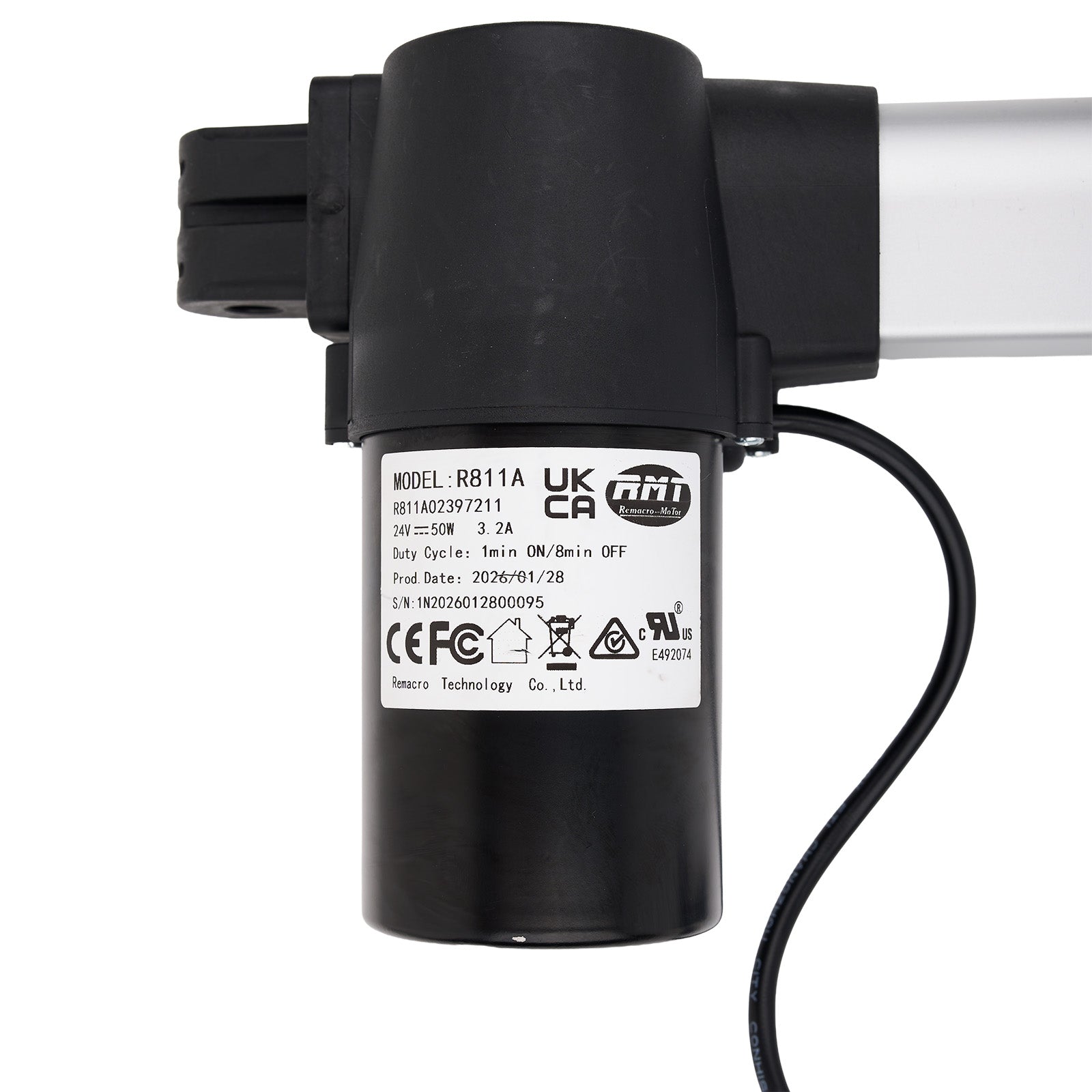 Black actuator with visible branding and certification labels on a white background