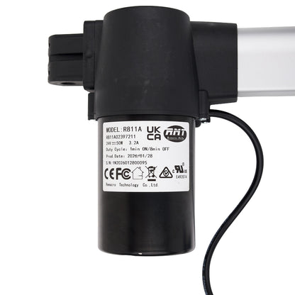 Black actuator with visible branding and certification labels on a white background