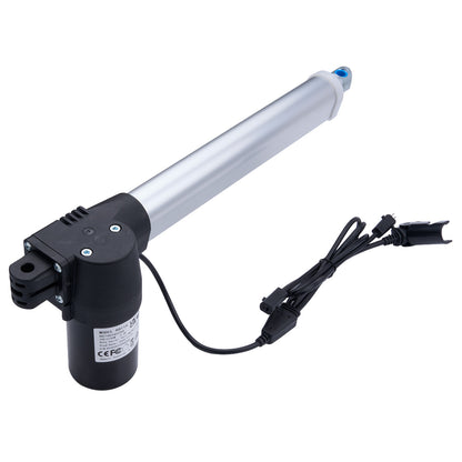 Electric actuator with a cylindrical design and power cable on a white background