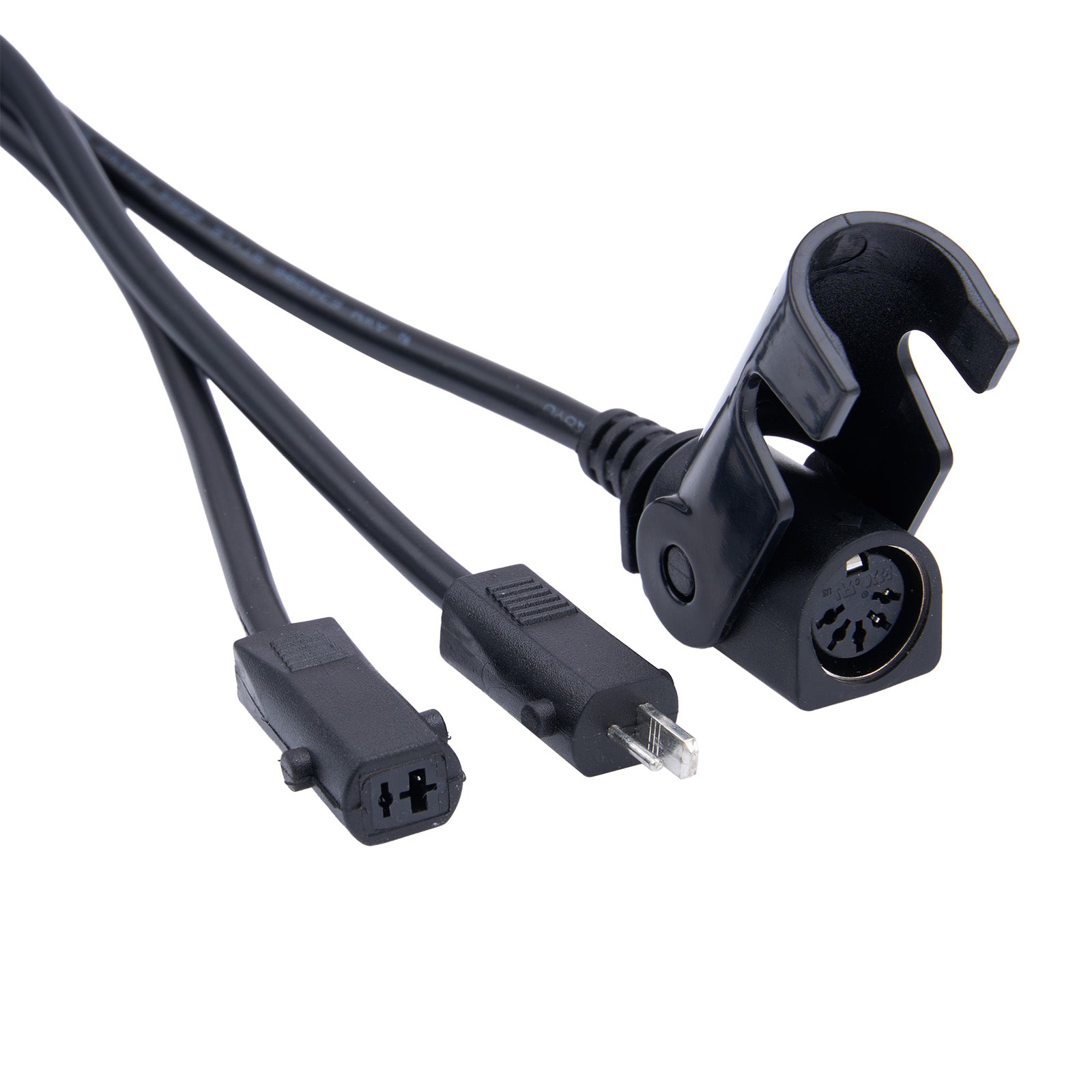 Set of black electrical connectors on a white background