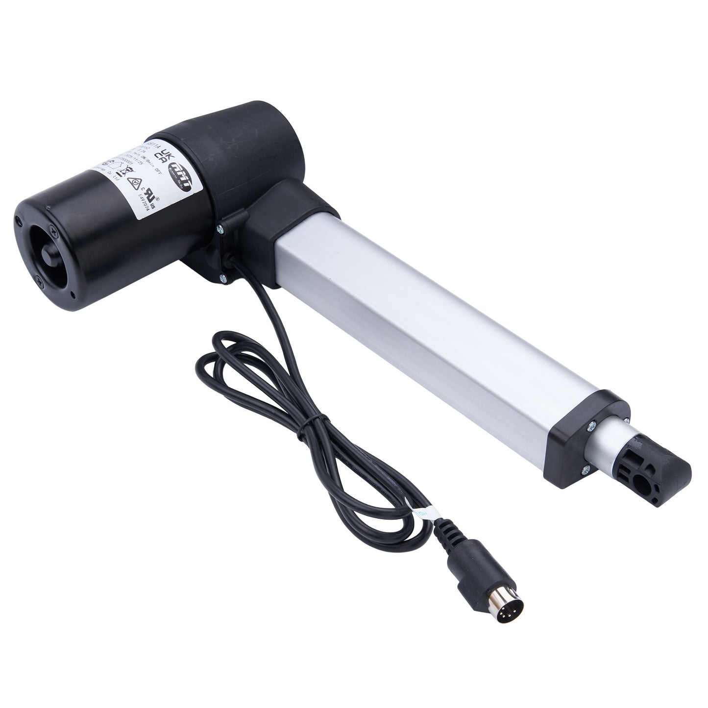 Linear actuator with cable and connector on a white background