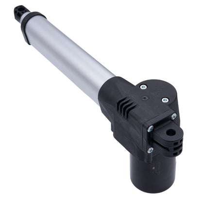 Black and silver actuator on a white background